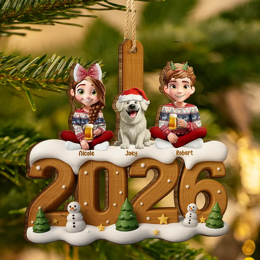 3D Effect Christmas Family And Dog Cat - Personalized Custom Shaped Wooden Ornament