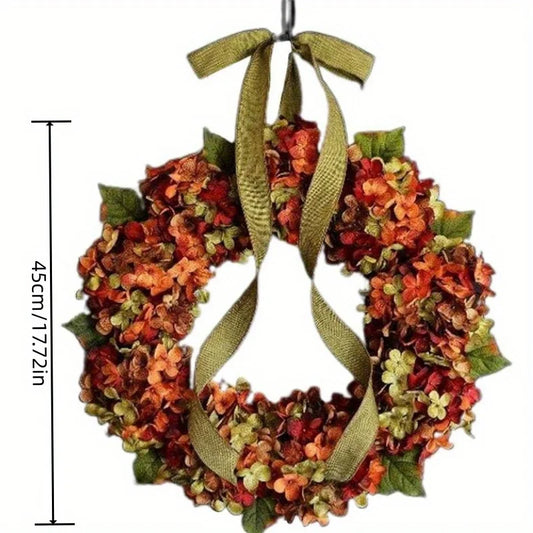 Thanksgiving Hydrangea Bowknot Wreath for Front Door 17.72 Inch Fall Floral Garland Decoration