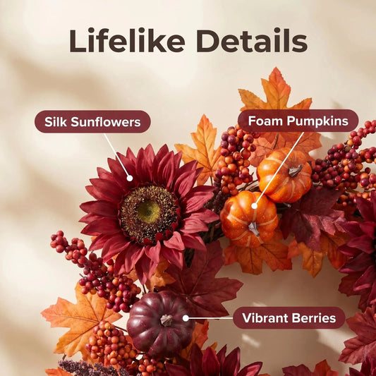 Fall Pumpkin Sunflower Wreath Maple Leaf Berry Lavender Front Door Wreath Thanksgiving Harvest Farmhouse Home Entrance WallDecor