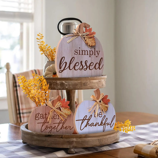 3 Pcs Fall Decor Fall Wood Signs Decoration for Home Wooden Autumn Pumpkin Tiered Tray Decor Fall Harvest Tabletop Signs