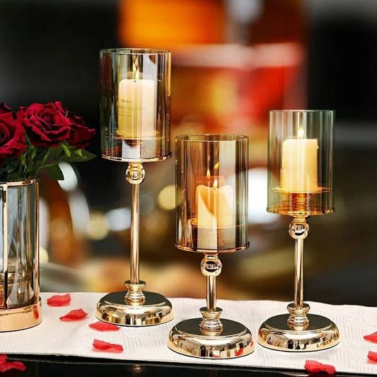 Candle Holder Lantern and Candle Jar Custom Romantic Gold Metal Hurri Stand Candle Holder With Glass Cover for Wedding