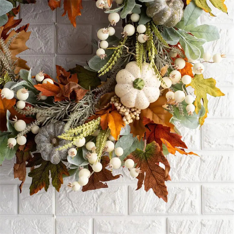 2023 Fall Harvest Wreaths Prelit Pumpkin Garlands Artificial Maple Leaves Berry Thanksgiving Autumn Fall Wreath for Front Door