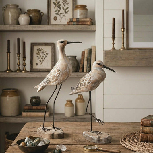 Set of 2 Wood Carved Wading Birds, Modern Coastal Shorebird Statues, Beach House Rustic Tabletop Figurine, Coastal Cottage Home Decoration