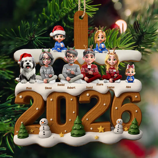 3D Effect Christmas Family And Dog Cat - Personalized Custom Shaped Wooden Ornament