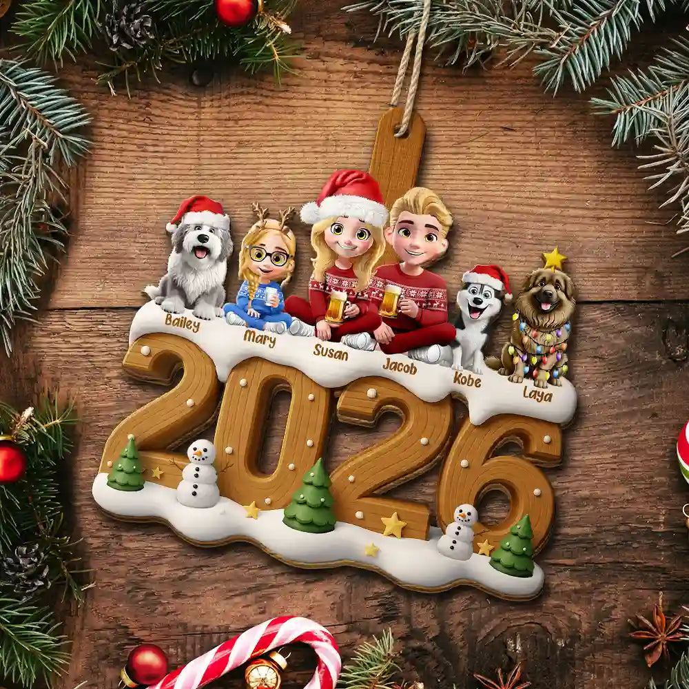 3D Effect Christmas Family And Dog Cat - Personalized Custom Shaped Wooden Ornament