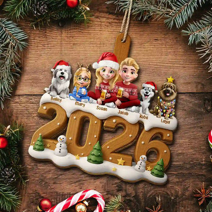 3D Effect Christmas Family And Dog Cat - Personalized Custom Shaped Wooden Ornament