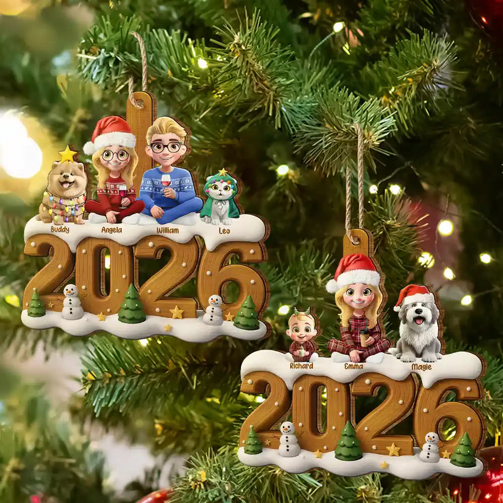 3D Effect Christmas Family And Dog Cat - Personalized Custom Shaped Wooden Ornament