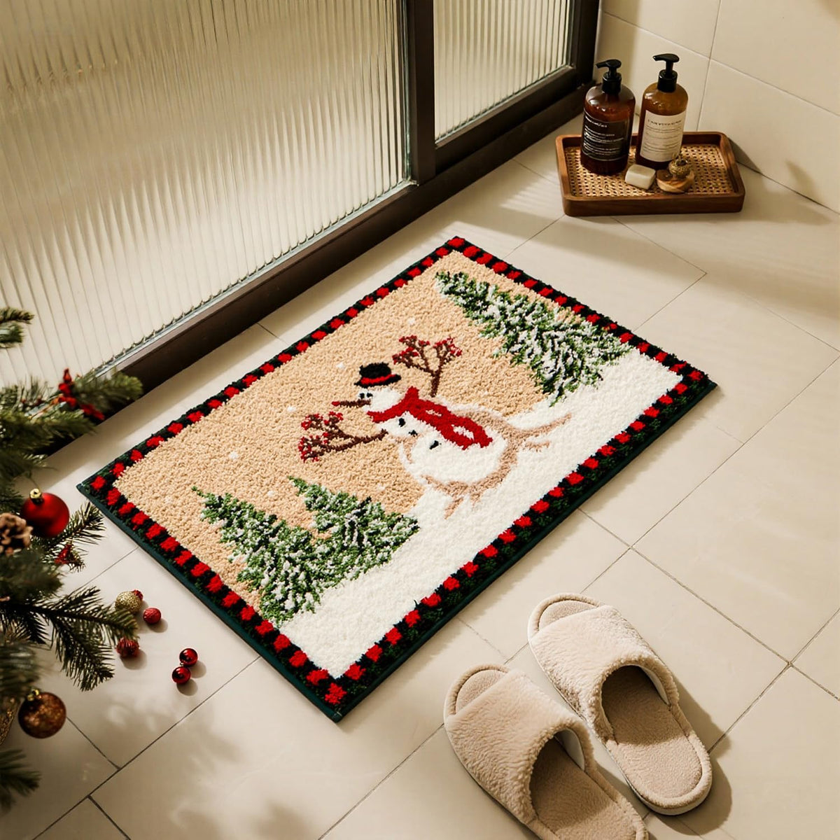 TYUU Christmas Bathroom Rugs, Extra Soft Absorbent Bath Rug Non Slip Washable Bathroom Mat Holiday Xmas Home Decor Indoor Bath Mat, Winter Snowman, 24"x36"