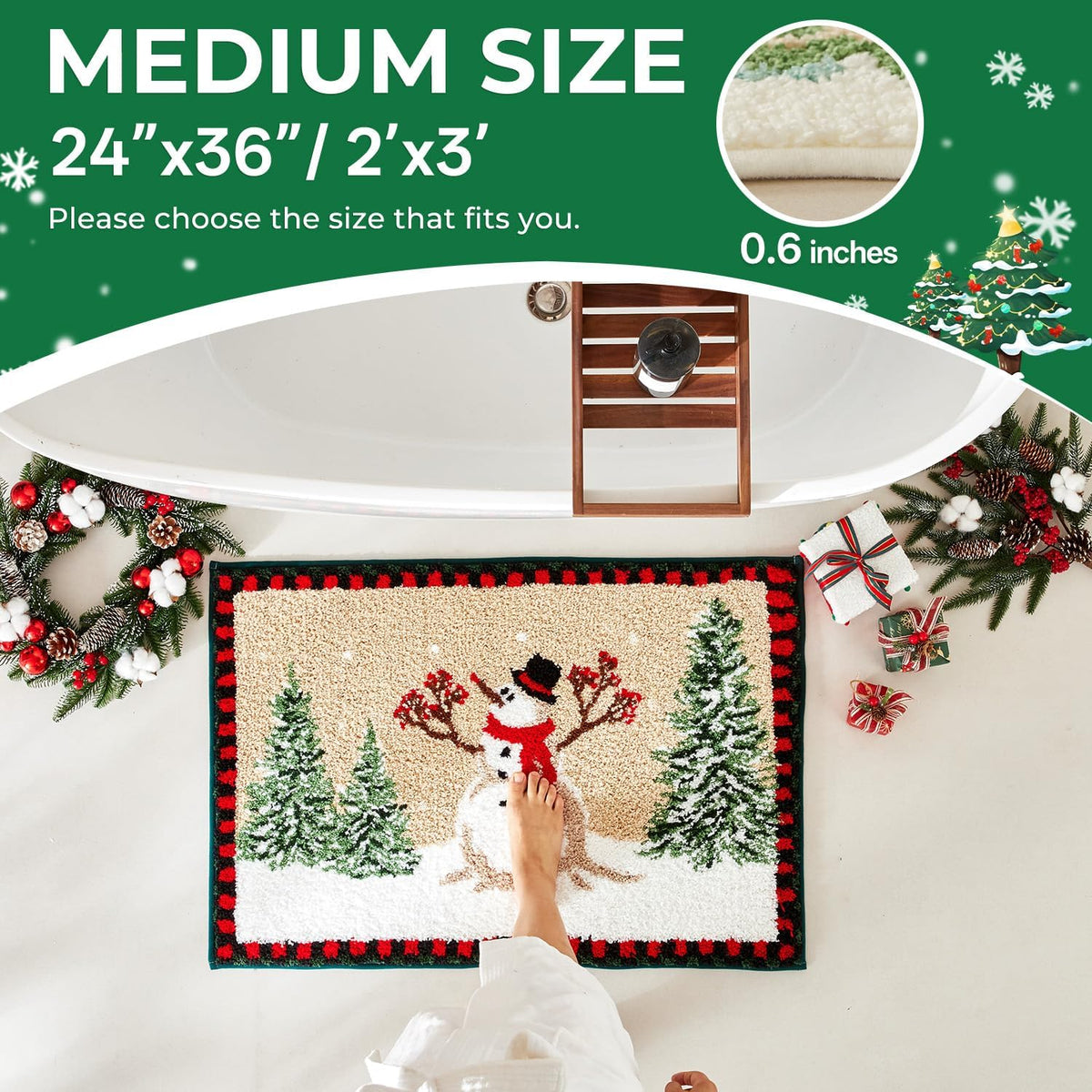 TYUU Christmas Bathroom Rugs, Extra Soft Absorbent Bath Rug Non Slip Washable Bathroom Mat Holiday Xmas Home Decor Indoor Bath Mat, Winter Snowman, 24"x36"