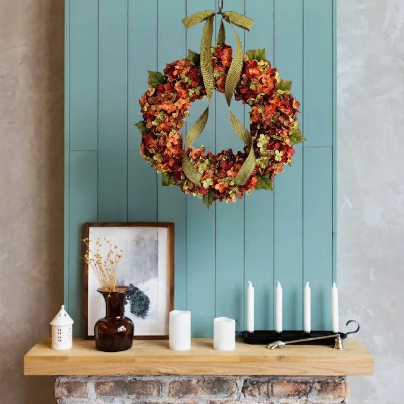Thanksgiving Hydrangea Bowknot Wreath for Front Door 17.72 Inch Fall Floral Garland Decoration
