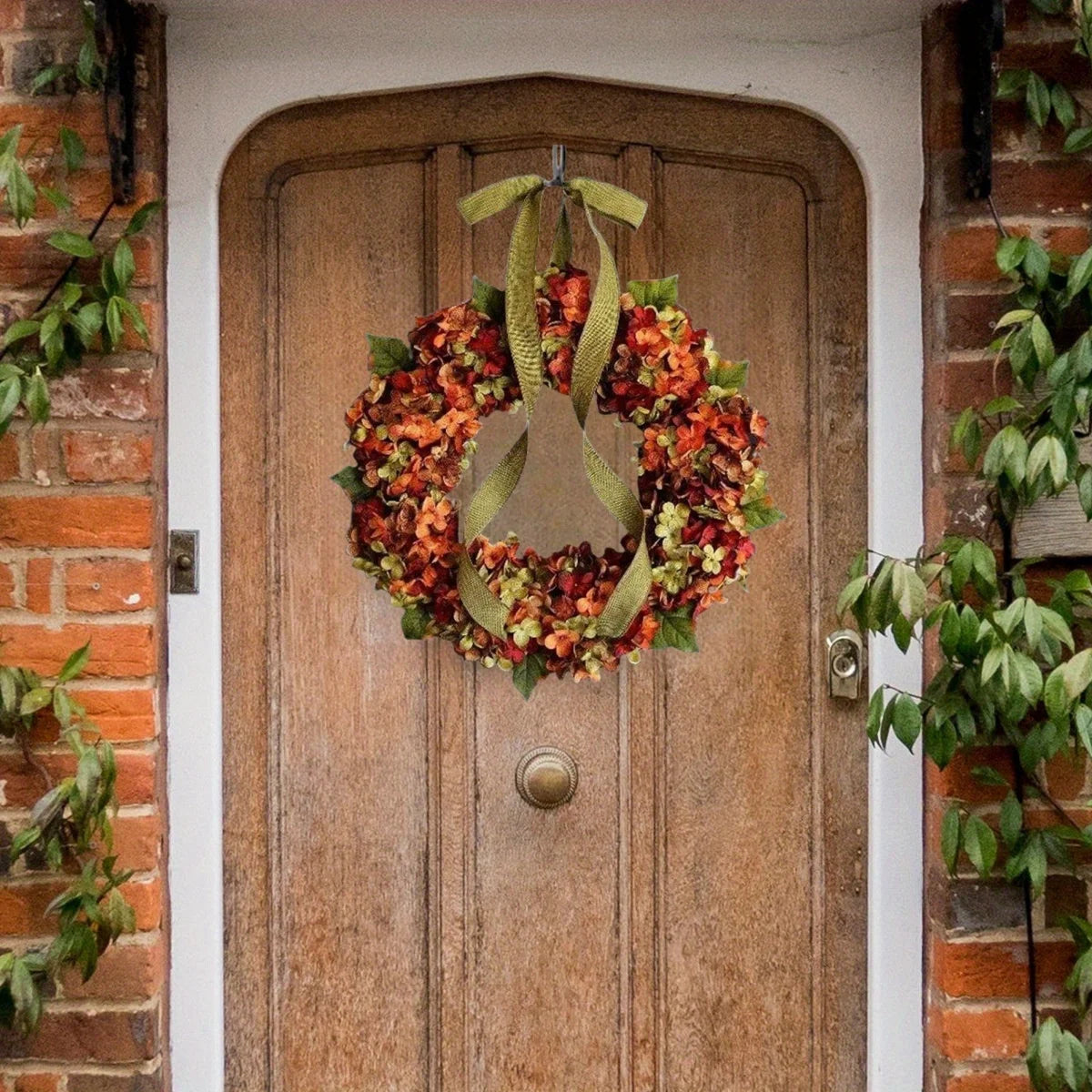 Thanksgiving Hydrangea Bowknot Wreath for Front Door 17.72 Inch Fall Floral Garland Decoration