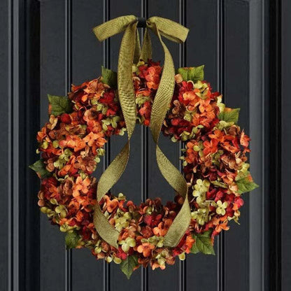 Thanksgiving Hydrangea Bowknot Wreath for Front Door 17.72 Inch Fall Floral Garland Decoration