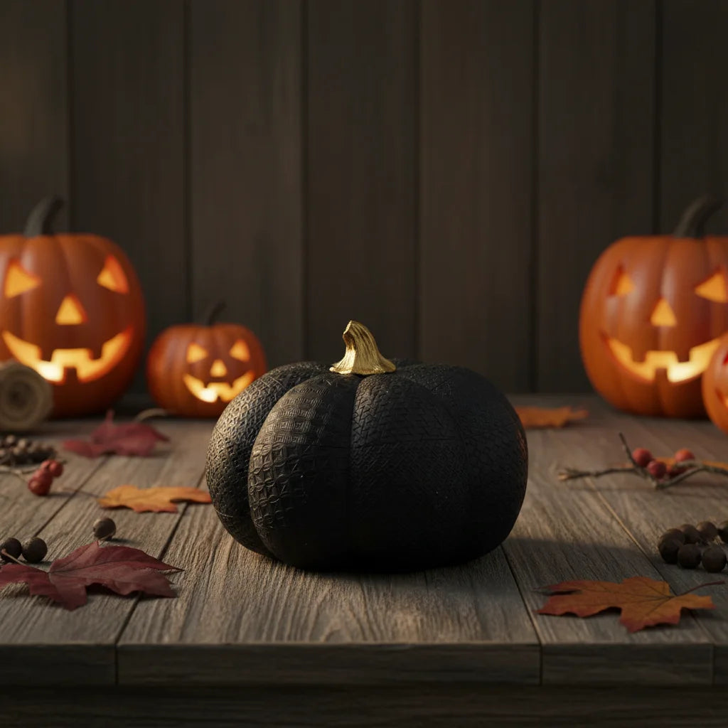 Resin Black Pumpkin Figurine with Gold Stem and Embossed Geometric Pattern for Fall Decor