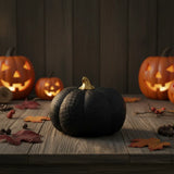 Resin Black Pumpkin Figurine with Gold Stem and Embossed Geometric Pattern for Fall Decor