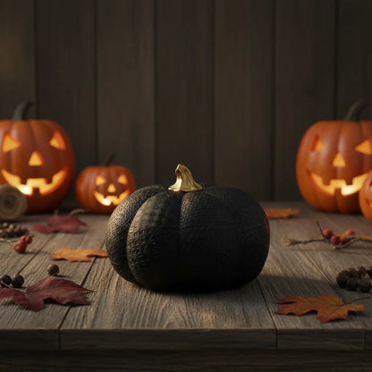 Resin Black Pumpkin Figurine with Gold Stem and Embossed Geometric Pattern for Fall Decor