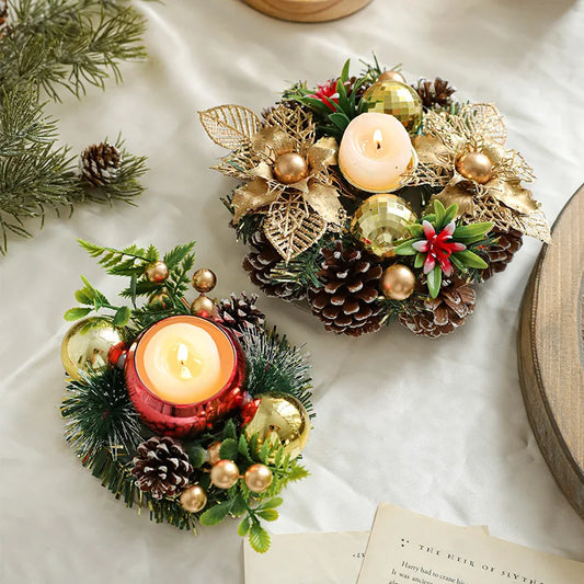 Christmas Candlestick Simulation Wreath Vintage Wooden Glass Candlestick Dry Flower Aromatherapy Candlestick