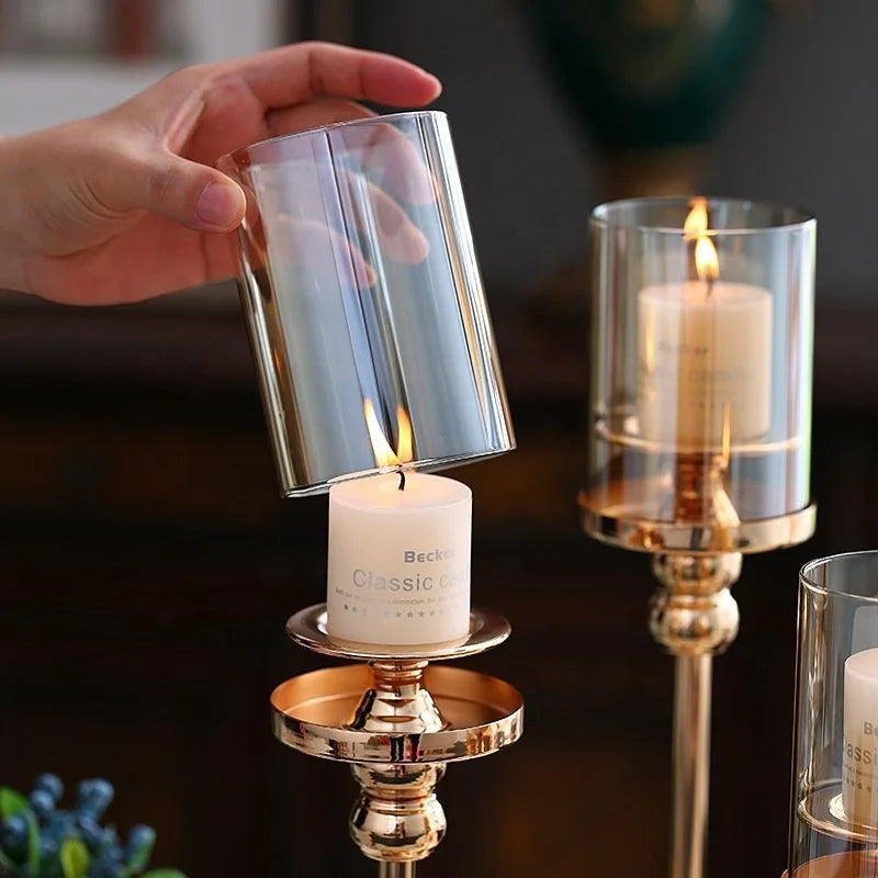 Candle Holder Lantern and Candle Jar Custom Romantic Gold Metal Hurri Stand Candle Holder With Glass Cover for Wedding