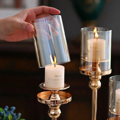 Candle Holder Lantern and Candle Jar Custom Romantic Gold Metal Hurri Stand Candle Holder With Glass Cover for Wedding