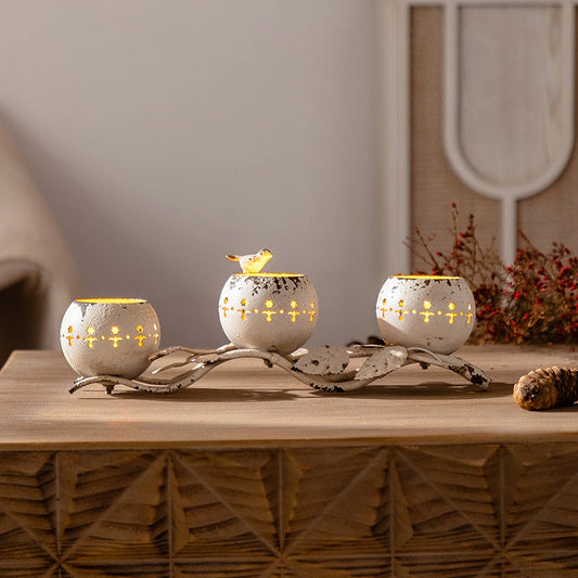 Artistic White Metal Candle Holder Ideal for Tabletop Display Entryway Decorations Dining Room and Wedding Reception Ambience
