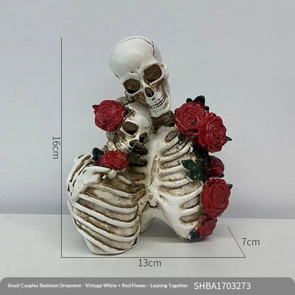 Halloween Decoration Eternal Love Skeleton Couple Statue with Red Roses Gothic Resin Figurine for Home Party and Gothic Decor