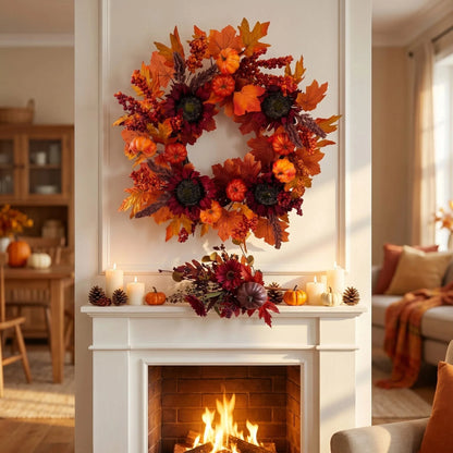 Fall Pumpkin Sunflower Wreath Maple Leaf Berry Lavender Front Door Wreath Thanksgiving Harvest Farmhouse Home Entrance WallDecor