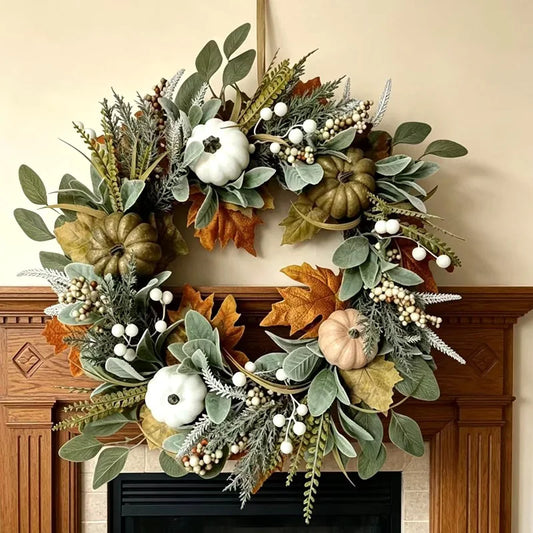22" Fall Thanksgiving Wreath Artificial Maple Leaf Pumpkin Garland Rustic Farmhouse Autumn Home Wall Decor for Front Door