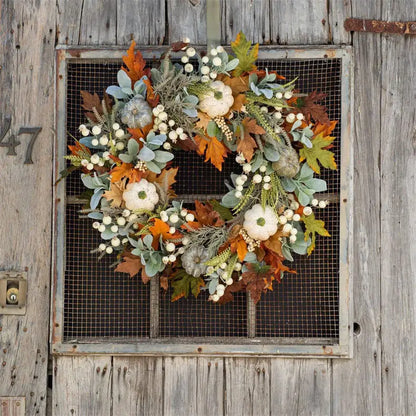 2023 Fall Harvest Wreaths Prelit Pumpkin Garlands Artificial Maple Leaves Berry Thanksgiving Autumn Fall Wreath for Front Door