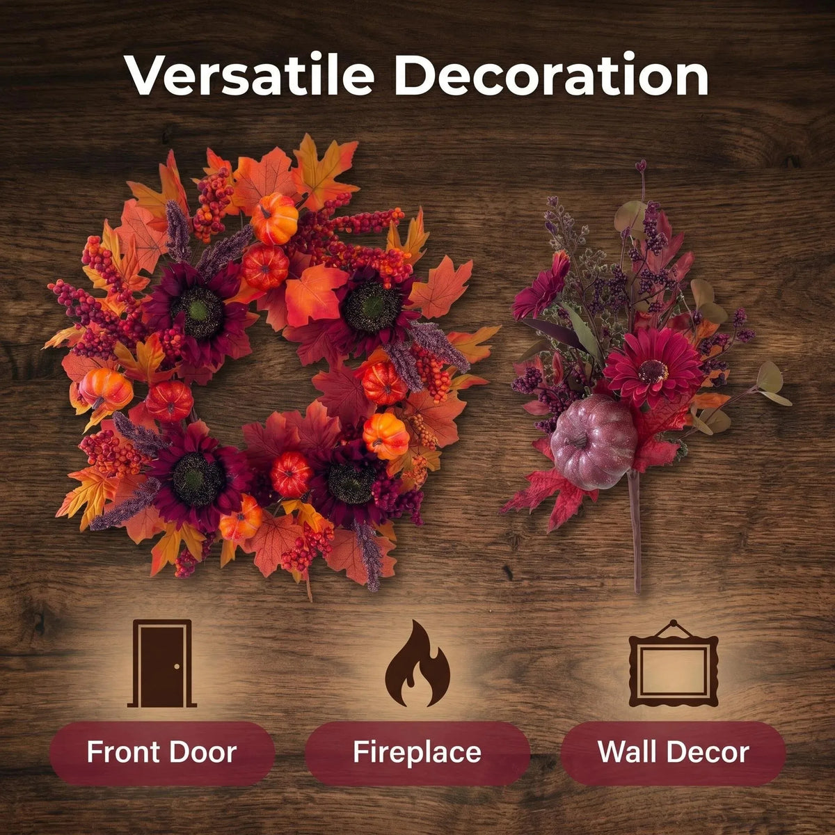 Fall Pumpkin Sunflower Wreath Maple Leaf Berry Lavender Front Door Wreath Thanksgiving Harvest Farmhouse Home Entrance WallDecor