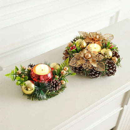 Christmas Candlestick Simulation Wreath Vintage Wooden Glass Candlestick Dry Flower Aromatherapy Candlestick