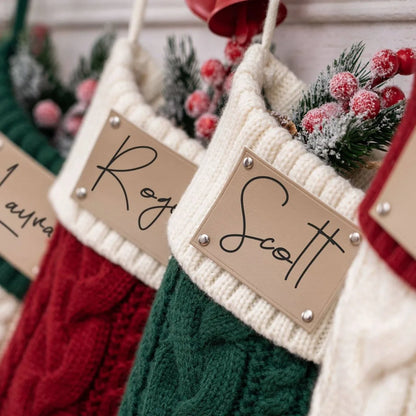 Personalized Knitted Twist Christmas Stockings Leather Patch Christmas Holiday Stocking With Name
