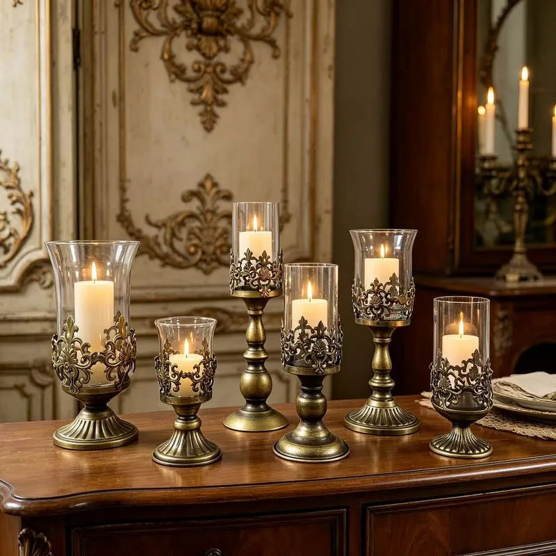 Carved Metal Candle Holder Glass Windproof Candlestick Home Decor Desktop Organizer Wedding Table Home Decoration