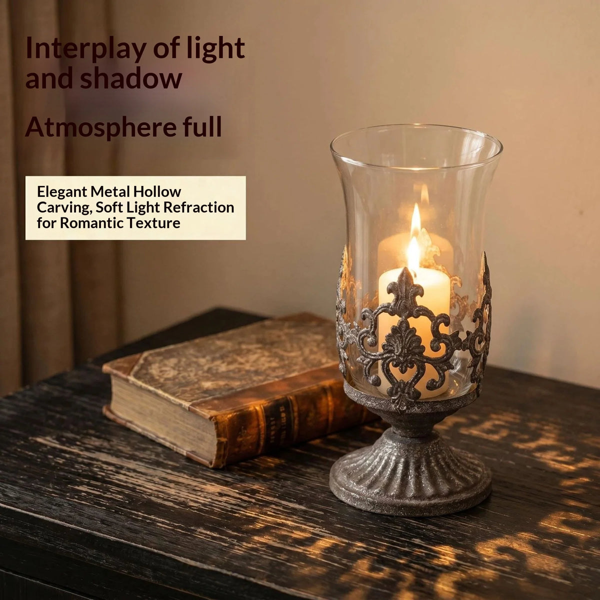 Carved Metal Candle Holder Glass Windproof Candlestick Home Decor Desktop Organizer Wedding Table Home Decoration