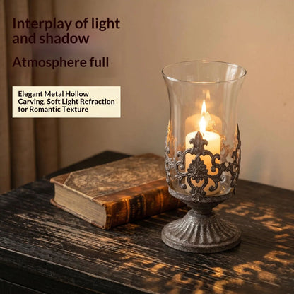 Carved Metal Candle Holder Glass Windproof Candlestick Home Decor Desktop Organizer Wedding Table Home Decoration