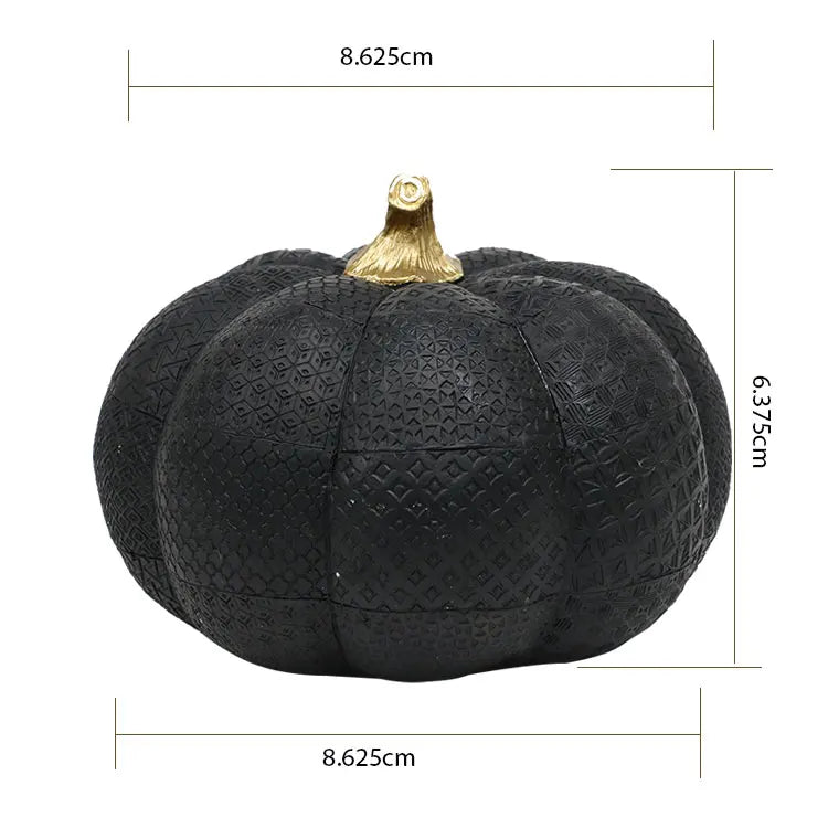Resin Black Pumpkin Figurine with Gold Stem and Embossed Geometric Pattern for Fall Decor