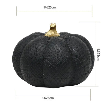 Resin Black Pumpkin Figurine with Gold Stem and Embossed Geometric Pattern for Fall Decor