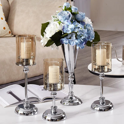 Candle Holder Lantern and Candle Jar Custom Romantic Gold Metal Hurri Stand Candle Holder With Glass Cover for Wedding