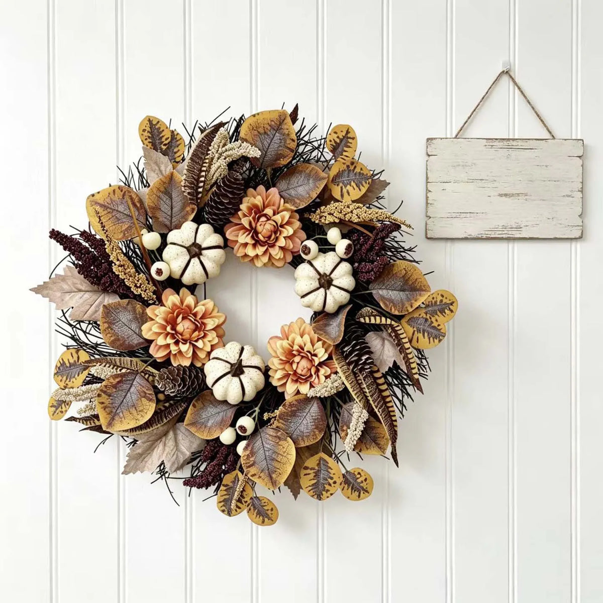 R-033 Artificial Fall Wreath with Pumpkins Dahlias Pinecones Thanksgiving Autumn Door Wreath  Farmhouse Harvest Wall Decor