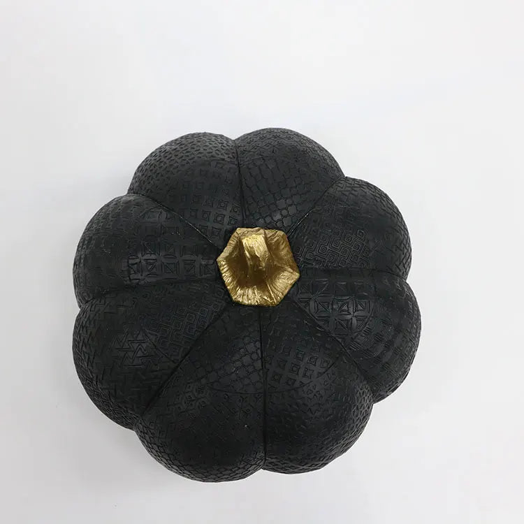 Resin Black Pumpkin Figurine with Gold Stem and Embossed Geometric Pattern for Fall Decor
