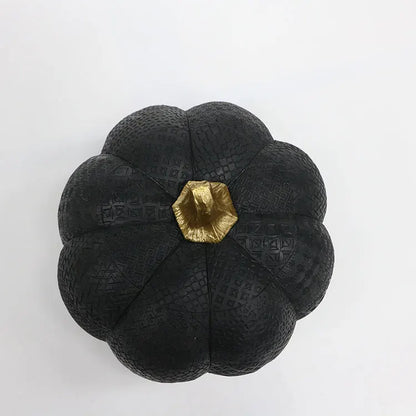 Resin Black Pumpkin Figurine with Gold Stem and Embossed Geometric Pattern for Fall Decor