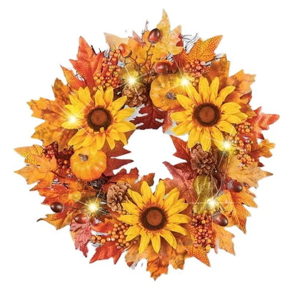 Autumn Fall LED Wreath Artificial Pumpkins Maple Leaf Harvest Wreath Door Hanger