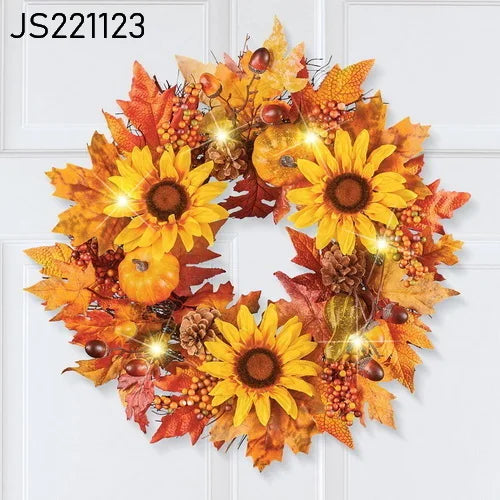 Autumn Fall LED Wreath Artificial Pumpkins Maple Leaf Harvest Wreath Door Hanger