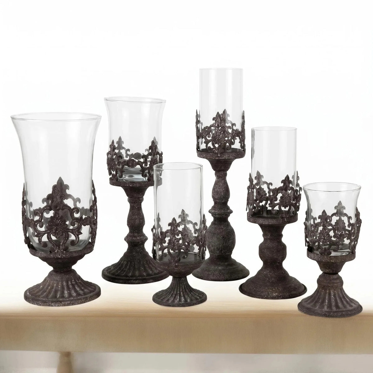 Carved Metal Candle Holder Glass Windproof Candlestick Home Decor Desktop Organizer Wedding Table Home Decoration
