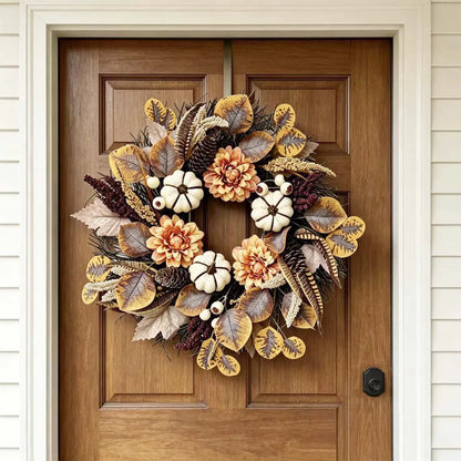 R-033 Artificial Fall Wreath with Pumpkins Dahlias Pinecones Thanksgiving Autumn Door Wreath  Farmhouse Harvest Wall Decor