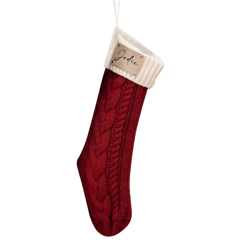 Personalized Knitted Twist Christmas Stockings Leather Patch Christmas Holiday Stocking With Name
