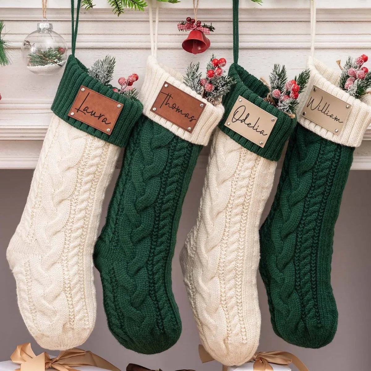 Personalized Knitted Twist Christmas Stockings Leather Patch Christmas Holiday Stocking With Name