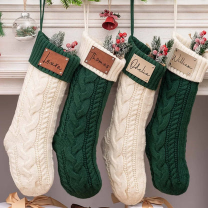 Personalized Knitted Twist Christmas Stockings Leather Patch Christmas Holiday Stocking With Name