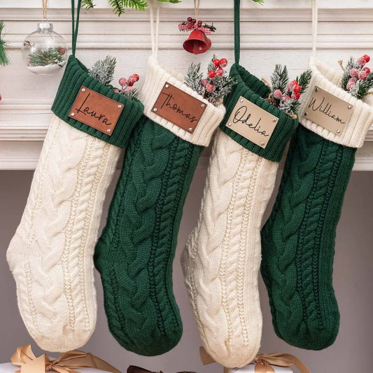 Personalized Knitted Twist Christmas Stockings Leather Patch Christmas Holiday Stocking With Name