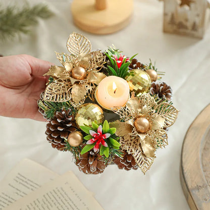 Christmas Candlestick Simulation Wreath Vintage Wooden Glass Candlestick Dry Flower Aromatherapy Candlestick
