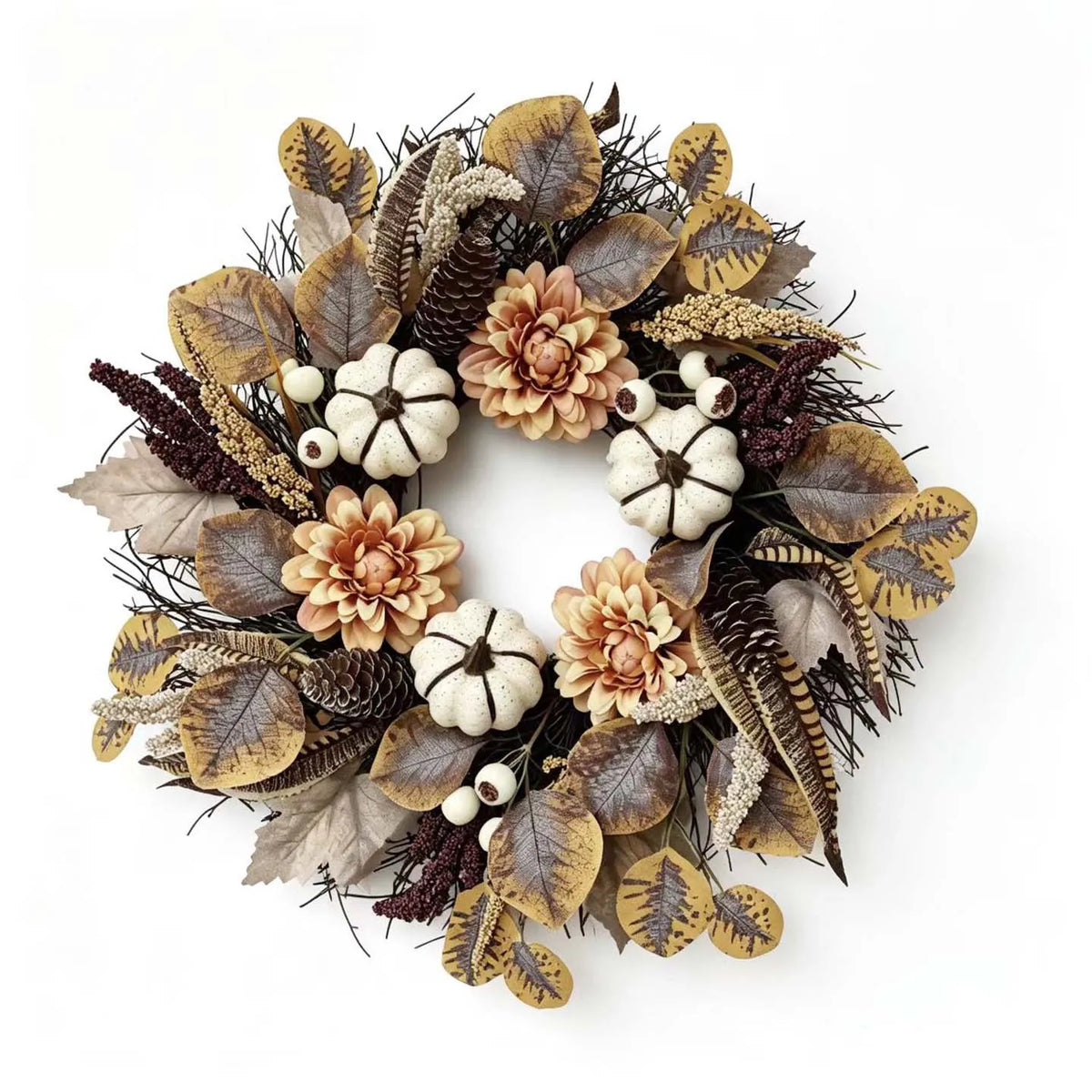 R-033 Artificial Fall Wreath with Pumpkins Dahlias Pinecones Thanksgiving Autumn Door Wreath  Farmhouse Harvest Wall Decor