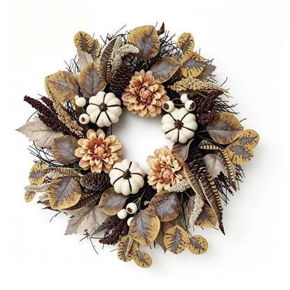 R-033 Artificial Fall Wreath with Pumpkins Dahlias Pinecones Thanksgiving Autumn Door Wreath  Farmhouse Harvest Wall Decor